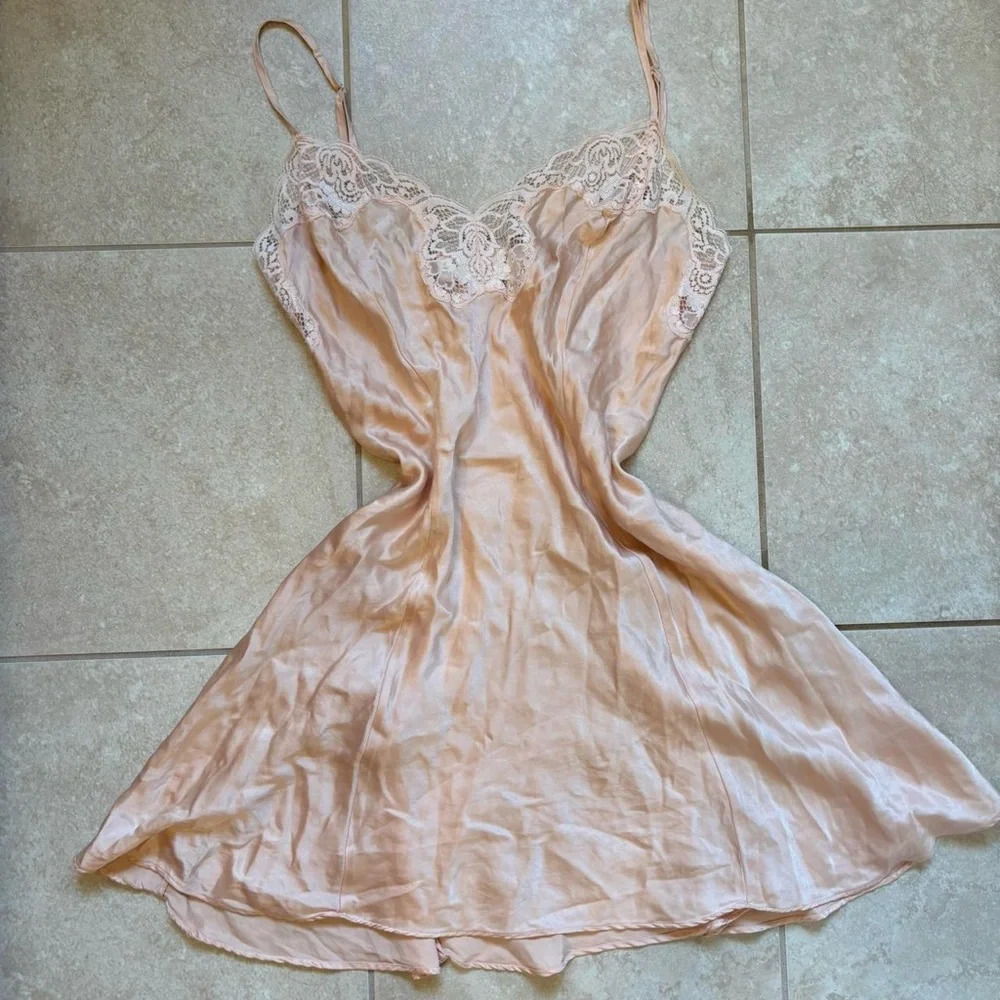 Vintage from the 90’s Victoria’s Secret peach 100% silk mini Slip Dress